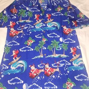 Blue Christmas Hawaiian Shirt with Red and Green Floral Santa Design